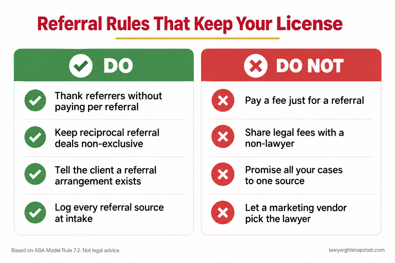 Two-column do and do-not panel titled Referral Rules That Keep Your License, listing permitted actions like thanking referrers and keeping arrangements non-exclusive, and prohibited actions like paying a fee for a referral or sharing legal fees with a non-lawyer