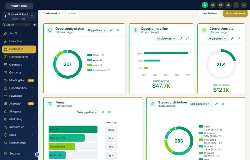 Emerald Finance dashboard design on a GoHighLevel sub-account