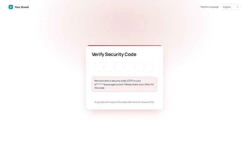 Two-factor security code screen in the Minimal glow design with a firm crimson accent