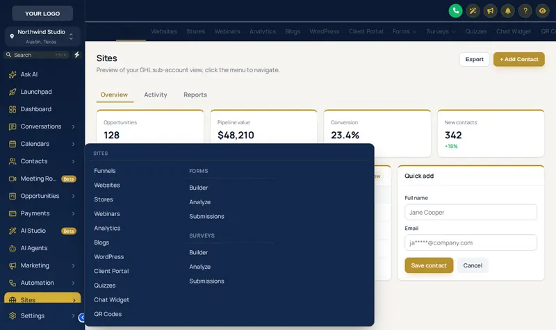 Royal Navy and Gold sidebar with the Sites mega menu open in columns