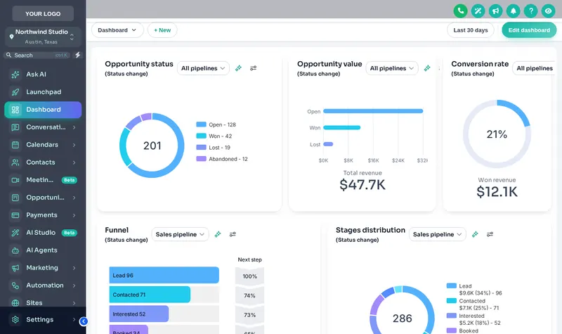 Aurora theme: a glass sidebar over a northern-lights photo on a GoHighLevel dashboard